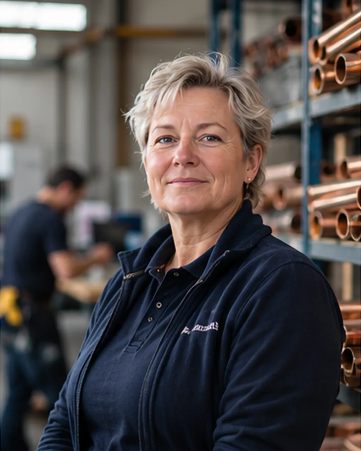 Vrouw met kort grijsblond haar in een donkerblauw werkvest glimlacht in een magazijn met koperen buizen.