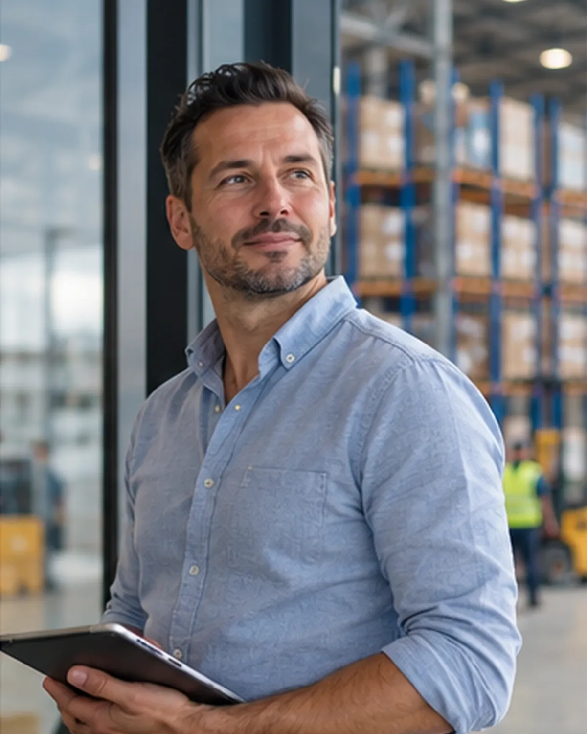 Man in een lichtblauw overhemd met een tablet kijkt opzij in een distributiecentrum.