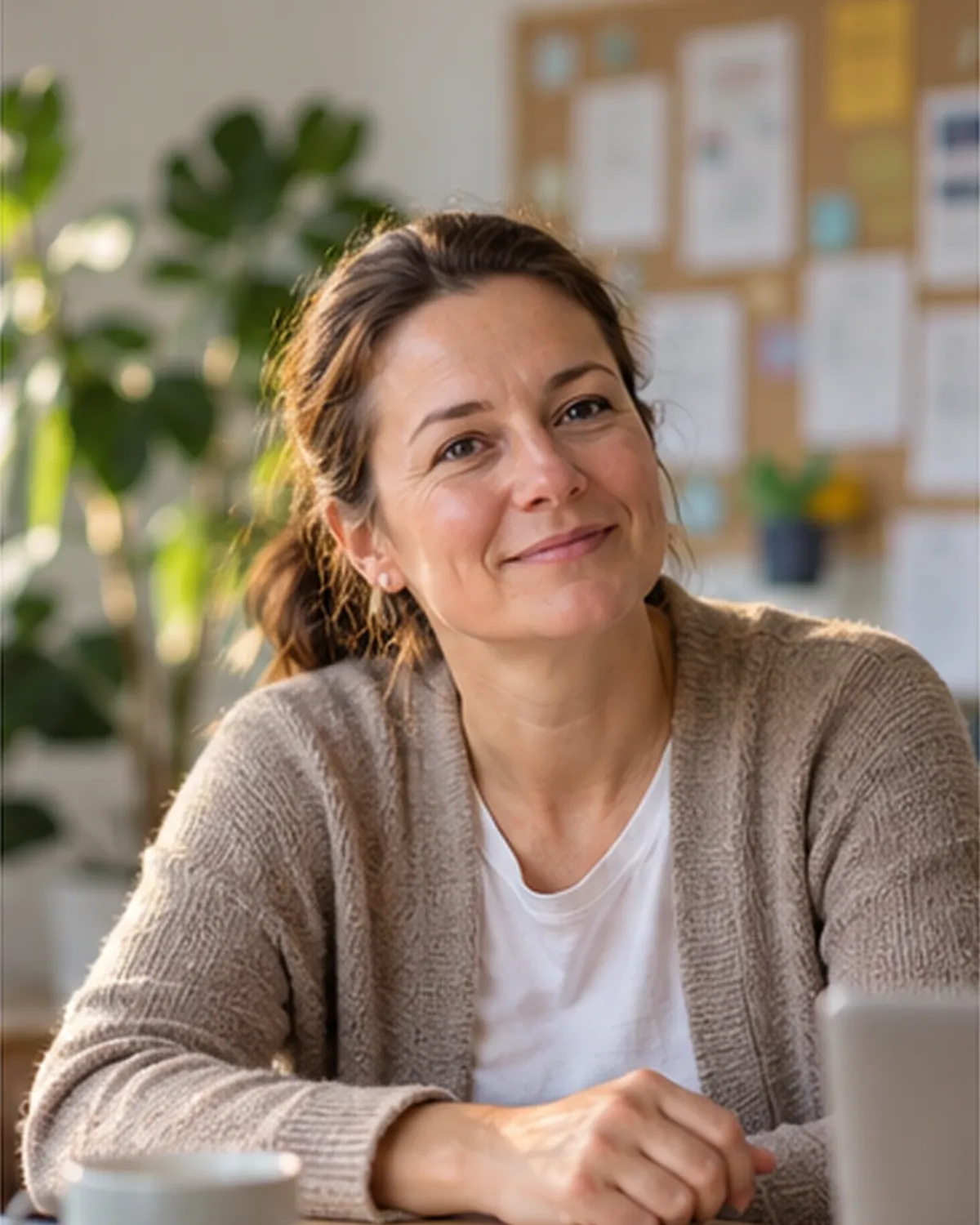 Vrouw in een beige vest zit glimlachend aan tafel in een lichte werkruimte met planten.