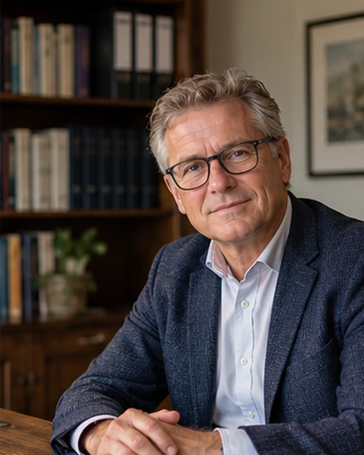 Man met bril en blazer zit aan een bureau voor een boekenkast met ordners.